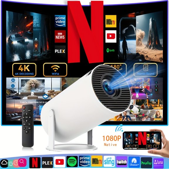4K Smart Projector Native 1080P WiFi 6 Bluetooth 5.0 180 Rotation 6-in-1 Use