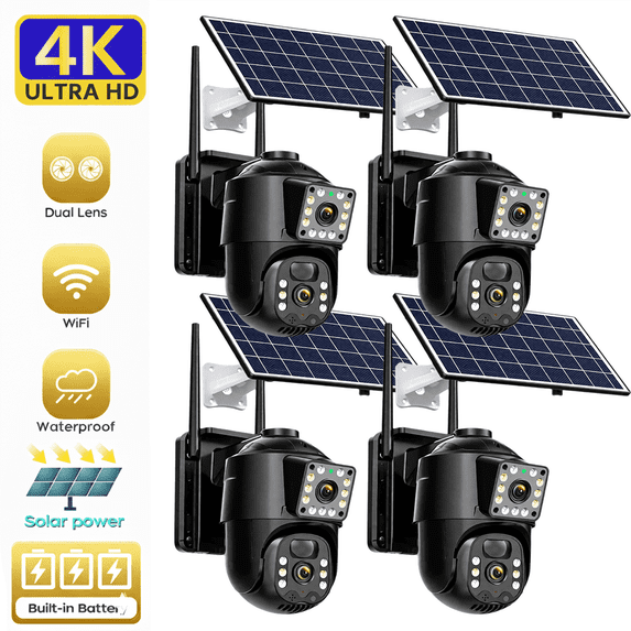4K Solar Security Camera Wireless Outdoor 4 Pack,360° View 2.4GHz & 5GHz Wi-Fi Camera, Waterproof PIR Detection, Battery Powered Home Dual Lens Surveillance Camera with Color Night Vision 2-Way Audio
