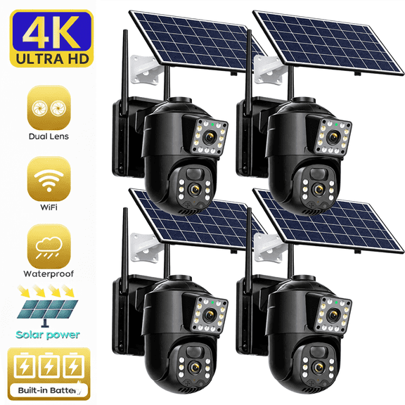 4K Solar Security Camera Wireless Outdoor 4 Pack,360° View 2.4GHz & 5GHz Wi-Fi Camera, Waterproof PIR Detection, Battery Powered Home Dual Lens Surveillance Camera with Color Night Vision 2-Way Audio