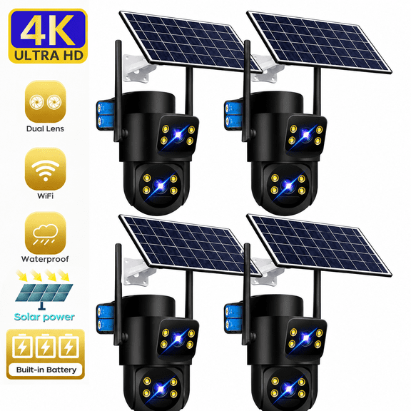 4K Solar Security Camera Wireless Outdoor 4 Pack,360° View 2.4GHz & 5GHz Wi-Fi Camera, Waterproof PIR Detection, Battery Powered Home Dual Lens Surveillance Camera with Color Night Vision 2-Way Audio