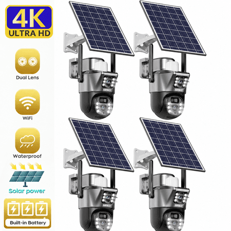 4K Wireless Outdoor Security System 4 Pack, Solar & Battery Powered, 360° View, Dual Lens, PIR Motion Detection, Color Night Vision, 2-Way Audio