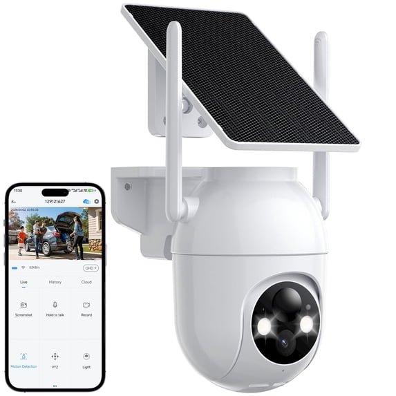 Security Cameras Wireless Outdoor WiFi, Solar Battery Surveillance Cameras, 360° View, Human Detection, Night Vision, 2-Way Audio, Real-Time Alerts, Waterproof, SD/Cloud Storage White