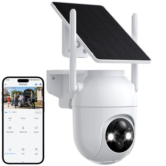 Security Cameras Wireless Outdoor WiFi, Solar Battery Powered, 360° View, AI Human Detection, Color Night Vision, 2-Way Audio, Real-Time Alerts, IP66 Waterproof, SD/Cloud Storage White