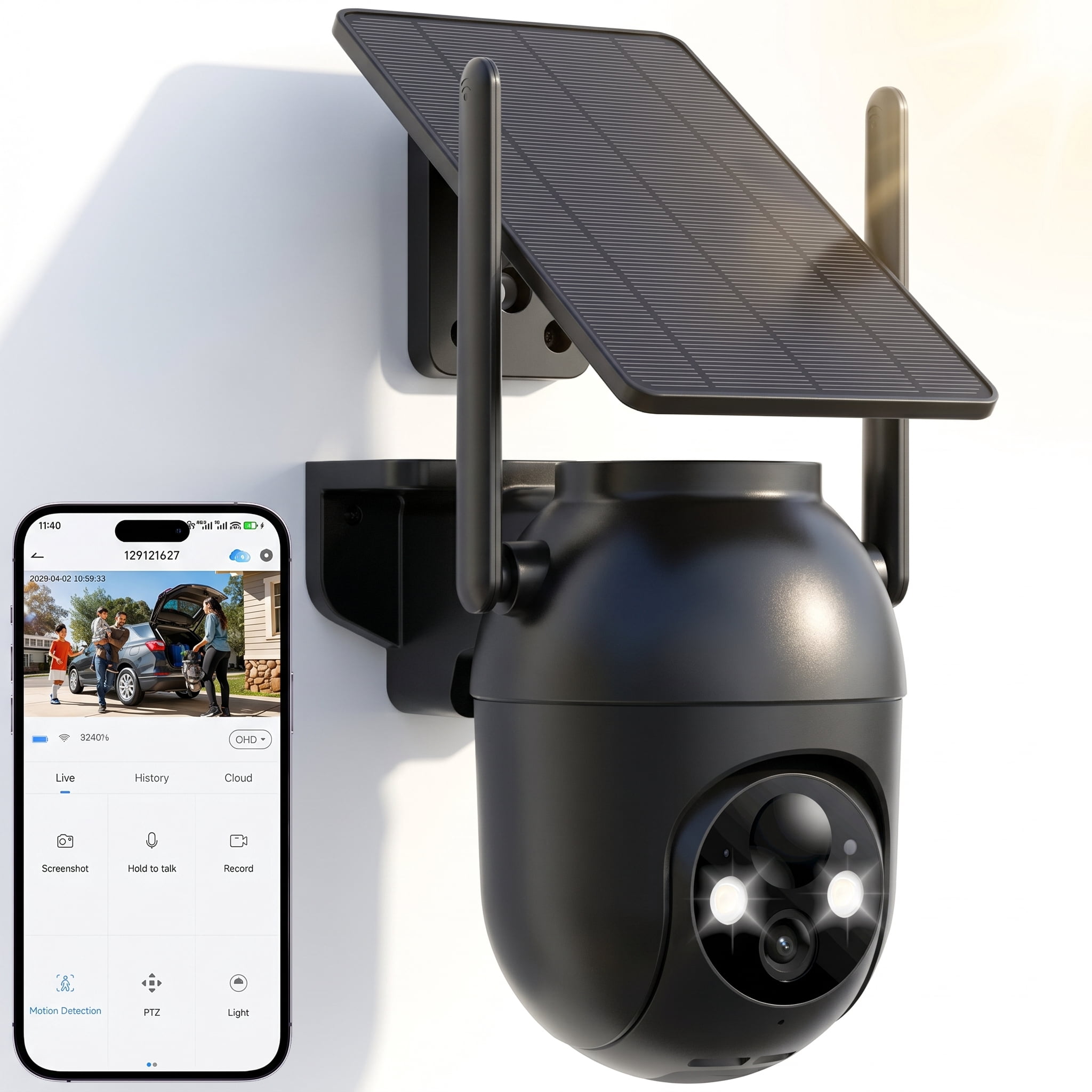 Security Cameras Wireless Outdoor WiFi, Solar Battery Powered, 360° View, AI Human Detection, Color Night Vision, 2-Way Audio, Real-Time Alerts, IP66 Waterproof, SD/Cloud Storage Black