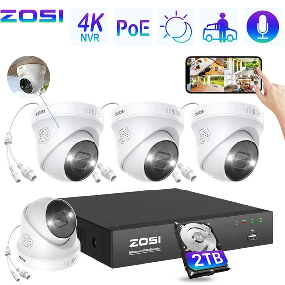 4K Spotlight PoE Security Camera System, ZOSI 4pcs 5MP Outdoor PoE IP Surveillance Camera, 8CH NVR with 4TB HDD for Audio Recording, Smart Person/Vehicle Detection