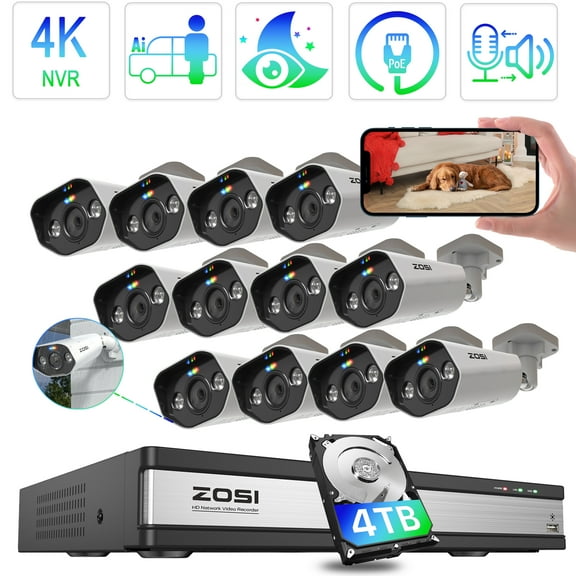 4K Spotlight Security Camera System, ZOSI 8pcs H.265+ 5MP PoE Security Cameras with AI Person Vehicle Detection, 8MP/4K 16CH NVR with 4TB HDD for 24-7 Recording