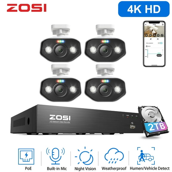 4K Spotlight Security Camera System, ZOSI Security POE System, 8MP AI Person Vehicle Detection Outdoor Camera, 2 Way Audio, Color Night Vision, 8CH 4K NVR with 2TB Hard Drive