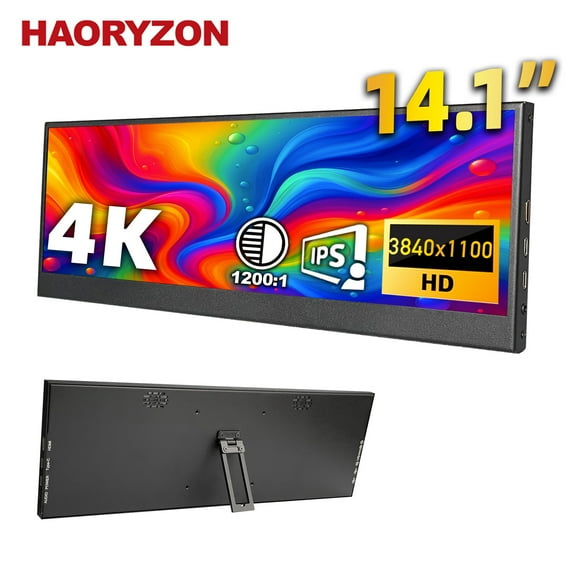 4K Stretched Strip Monitor 14.1 inch 3840x1100 USB-C HDMI IPS Ultra Wide Travel Monitor PC Case Display for Raspberry Pi Laptop