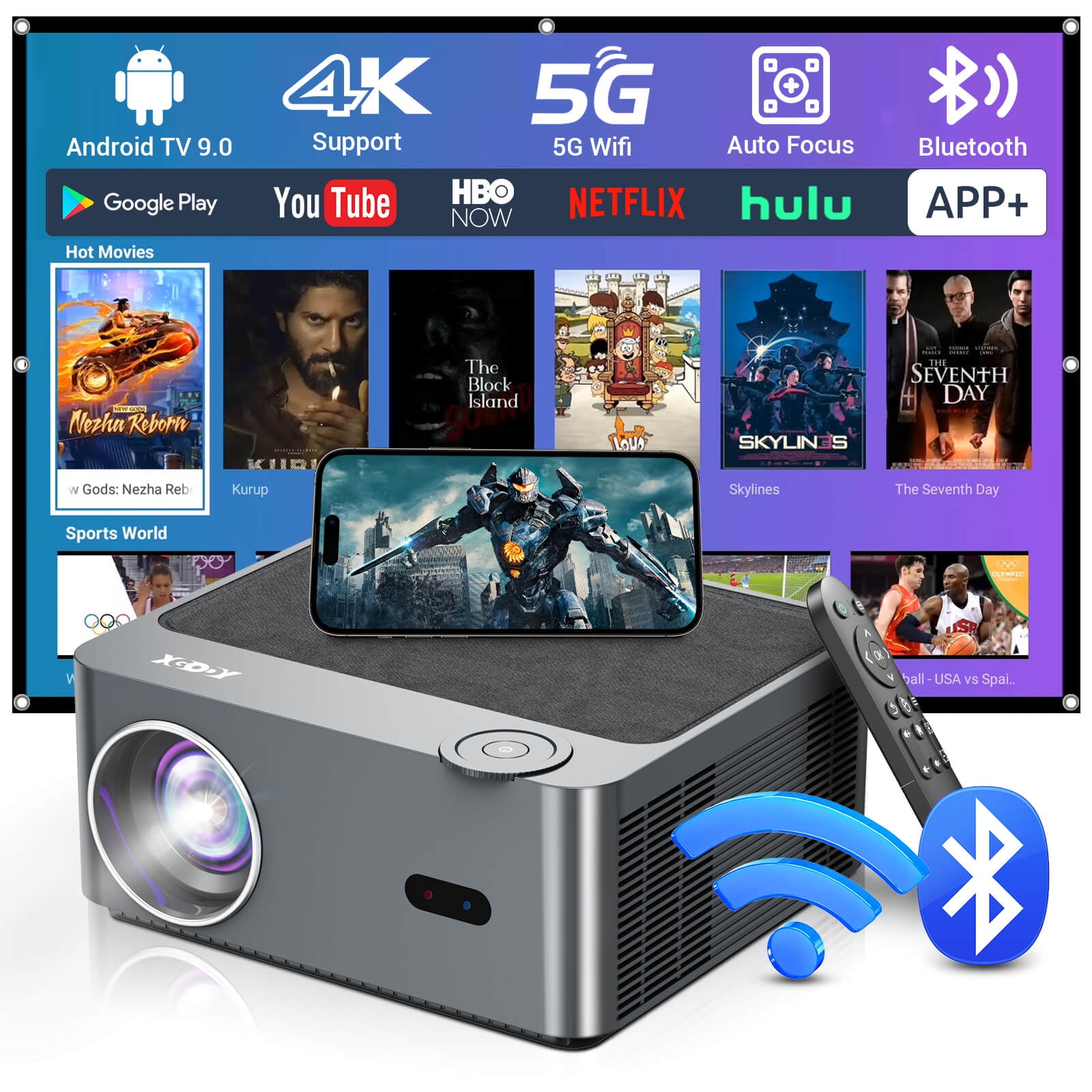 4K Support Android TV 9.0 System Outdoor Movie Projector With WiFi