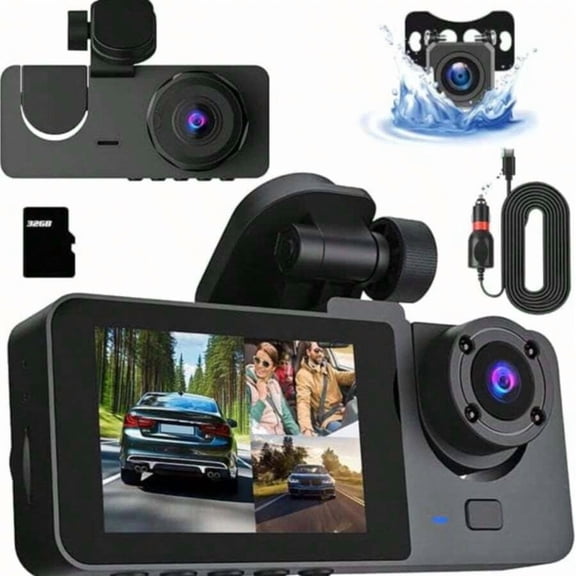 4K Triple Dash Cam: Front/Rear/Interior with Night Vision, Parking Mode, Loop Recording, 32GB Card - Car Gift for Men & Women