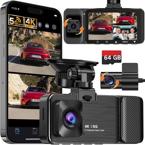 4K UHD 3  Dash Cam Front and Rear Inside,  64GB Card Included, 360? Wide-Angle Full-View Dash Camera for  with Night Vision, 24H Parking Mode, G-Sensor, Loop Recording, 5GHz WiFi