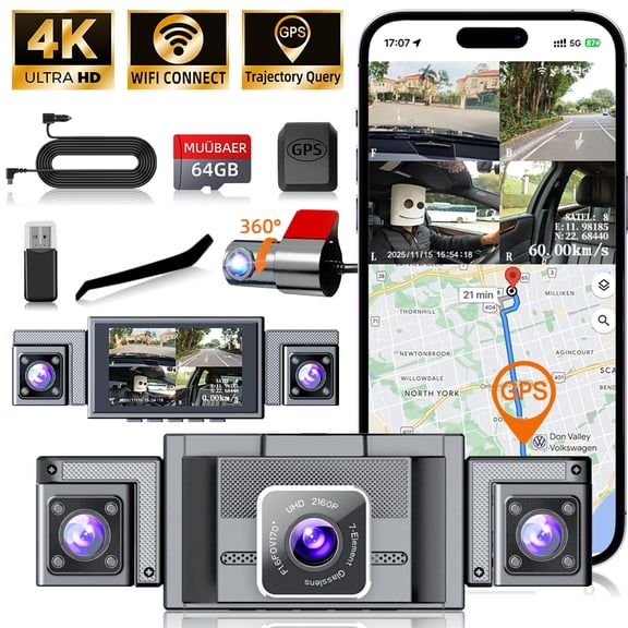 4CH Dash Cam w/ All 4K, Wi-Fi, External GPS, Loop Recording, G-Sensor, Dual Mount, 64GB Card Included