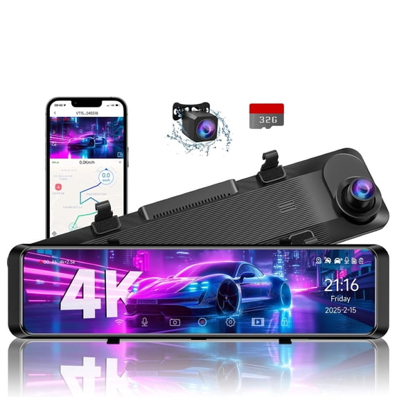 UDH VT15 4K UHD Dual Dash Cam Front and Rear, 12 in Touch Screen Mirror Dash Cam, Black