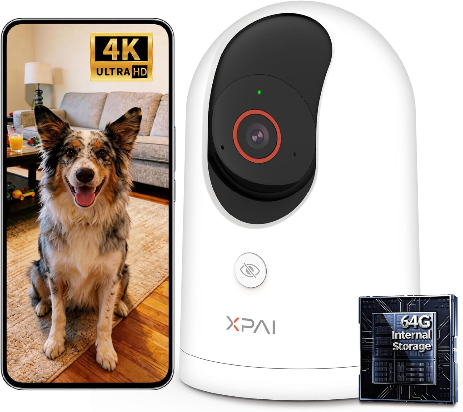 4K UHD Indoor Camera, 64G Built-in Storage No Subscription,Pet Camera Indoor with Phone App,Work as Baby Monitor/Cat/Dog Camera,360°Pan&Tilt,Two-Way Talk,Privacy Mode,AI Tracking/Detection