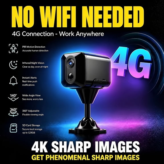 4K Ultra HD Indoor Surveillance Camera with PIR Motion Detection, Night Vision, SIM Card & Battery - App-Enabled for Home, Pet, Garage, Porch Monitoring with Real-Time Alerts
