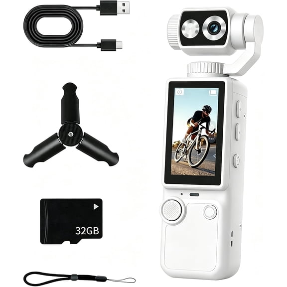 4K Ultra HD Pocket Gimbal Vlogging Camera, Built-in Fill Light, 180° Flip Lens Portable Action Cam with 32GB Card & Tripod, 2000mAh Battery for Travel Vlog Riding