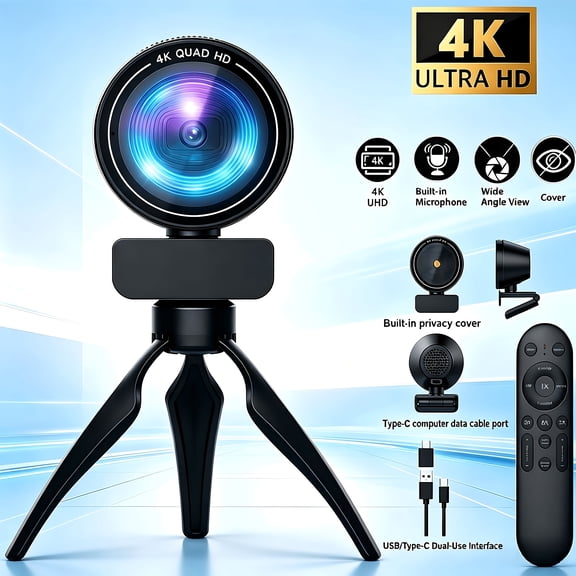 4K Ultra HD USB Streaming Webcam with Auto Manual Zoom, Built-in Microphone & Privacy Cover, Web Camera for PC Laptop Desktop, for Live Streaming Conference Online Courses