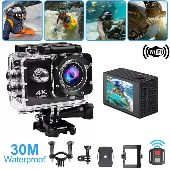 4K Ultra HD Waterproof Action Camera with WiFi, Remote Control, 170 Wide-Angle Lens, 30M Underwater Camera for Outdoor Sports, Cycling, Diving