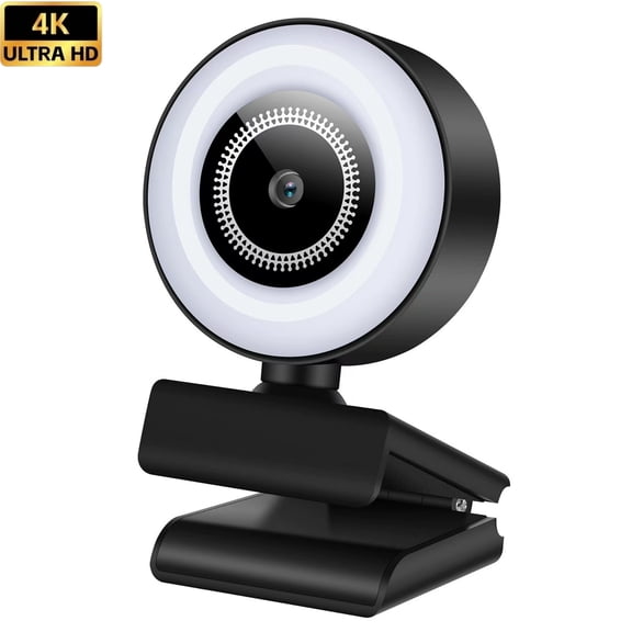 4K Ultra HD Webcam with Ring Light for PC, Fixed Focus USB Computer Camera with Noise Cancelling Microphone, 360° Rotatable Clip for Desktop Laptop Video Calls Live Streaming