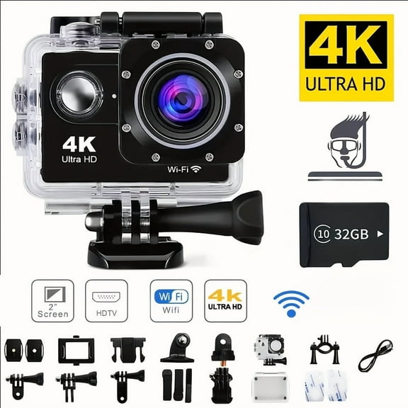 4K Ultra HD WiFi Action Camera with 32GB Card – High Quality, Full HD 12MP, 30FPS, Ideal for Outdoor Sports, Cycling & Diving, Easy Smartphone Connection, Transparent Housing, Black Mount
