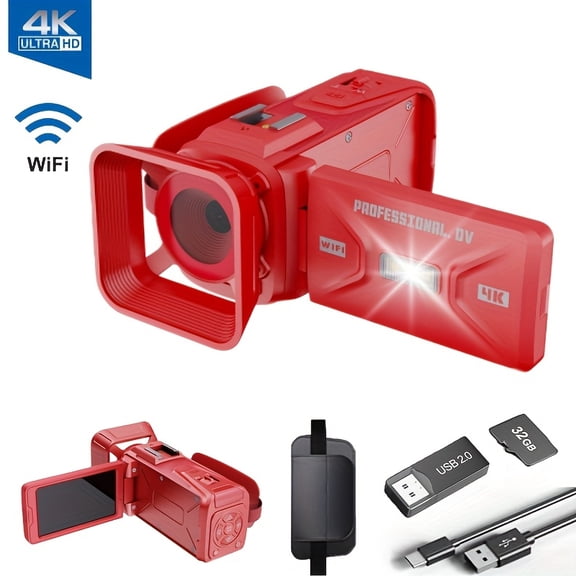4K Video Camera Camcorder, 64MP with 3" 270° Flip Screen, 18X Digital Zoom, WiFi And Webcam for YouTube, 32GB SD Card, Built-in Rechargeable 2500mAh Battery