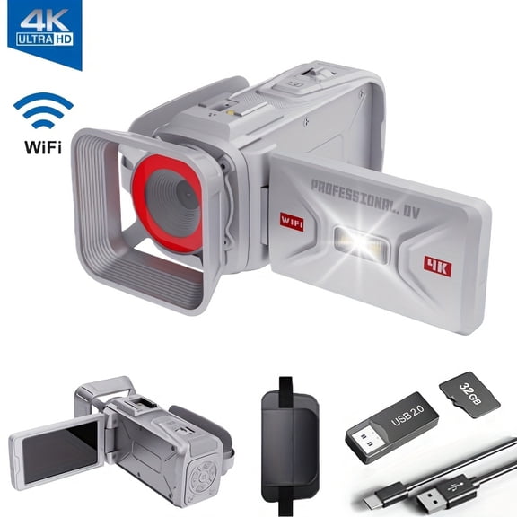 4K Video Camera Camcorder, 64MP with 3" 270° Flip Screen, 18X Digital Zoom, WiFi And Webcam for YouTube, 32GB SD Card, Built-in Rechargeable 2500mAh Battery