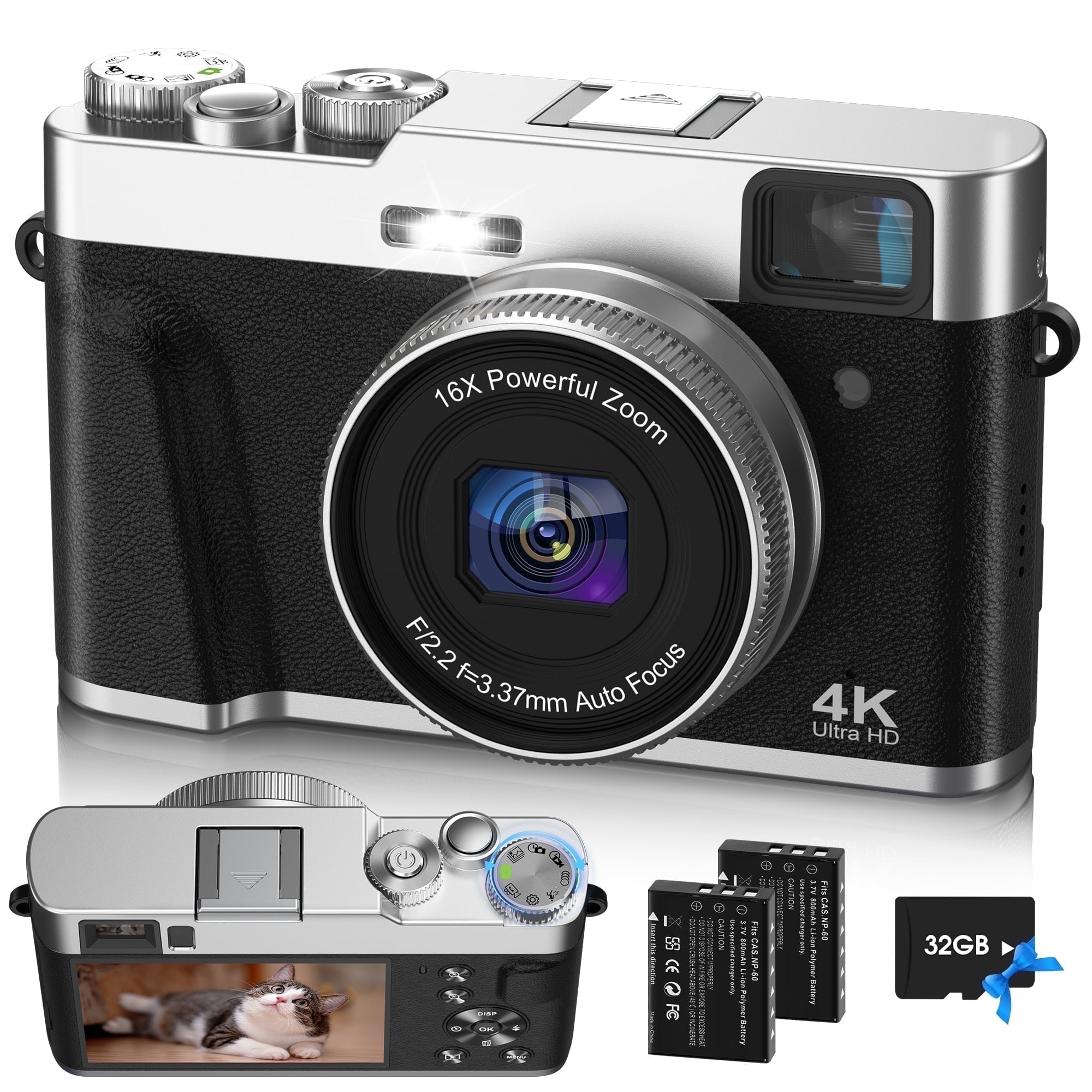 4K Video Digital Camera, AutoFocus 48MP Vlogging Camera for YouTube Anti-Shake with Viewfinder Flash & Dial,16X Zoom Travel Portable Camera with 32GB Card,2 Batteries (Black)