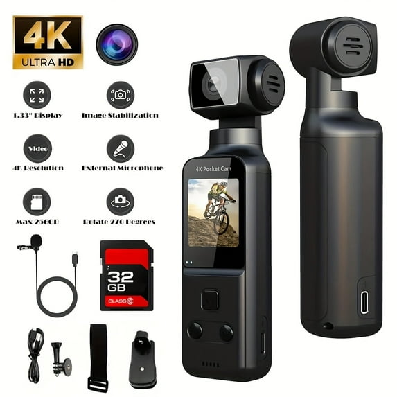 4K Vlogging Camera - 270° Rotating Lens, USB Rechargeable, Built-in Mic & Stabilization, for YouTube/Travel/Live Streaming, Portable Action Camera with 1.33" CMOS Sensor