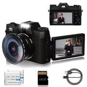 4K Vlogging Camera for YouTube 48MP Digital Camera for Photography with 180 Flip Screen, 16X Digital Zoom Manual Focus Students Camera, Wide Angle & Macro Lens, 64GB SD Card, 2 Batteries black
