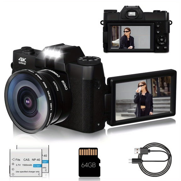 4K Vlogging Camera for YouTube 48MP Digital Camera for Photography with 180Flip Screen, 16X Digital Zoom Manual Focus Students Camera, Wide Angle & Macro Lens, 64GB SD Card, 2 Batteries (black)