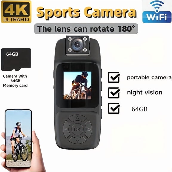 4K Wearable Camera 180 Wide Angle, Night Vision WIFI Mini Camera with Rotatable Lens, Clip-On Design, 1500mAh Battery for 8H Recording, 64GB Included, USB Charging