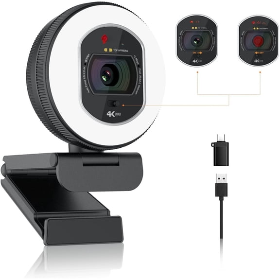 4K Webcam with Light for PC, UHD Web Camera for Desktop | TOF AutoFocus, 2 AI Noise Reduction Mics, 1080p@60FPS, USB Streaming Web Cam in Cover for Laptop Zoom Teams