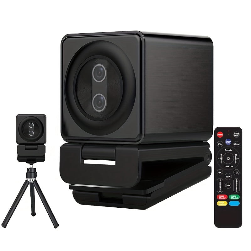 4K Webcam For PC, Double Camera, 20X Auto-zoom, With Remote Control, Privacy Cover, White Balance, Webcam With Microphone, Plug & Play, 4K Web Camera For Laptop/Desktop, Video Calling, Conference