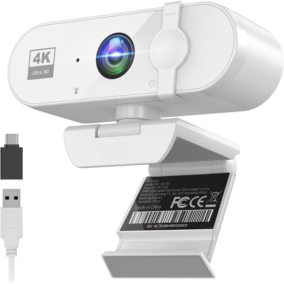 4K Webcam for PC, Streaming Camera with Noise-Canceling Mic, White | 90? FOV, Cover, Plug & Play, Zoom/Skype/FaceTime Compatible, Works with /Laptop/ 2, USB C-A Adapter Included