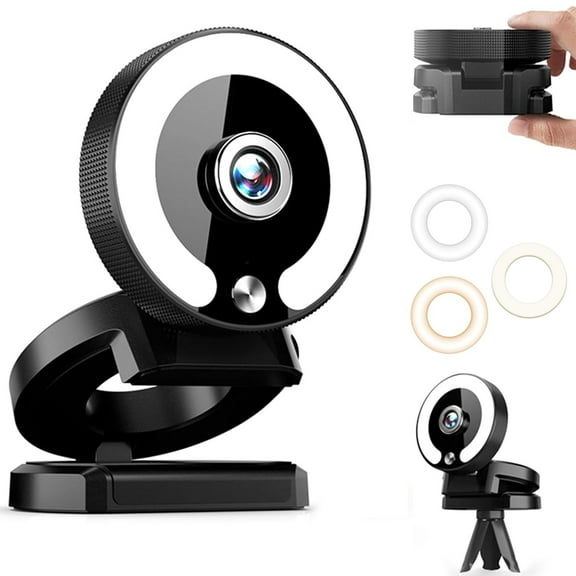 4K Webcam for PC, Web Camera with Microphone & Light & Privacy Cover, USB Webcam for Laptop Desktop Video Calling, HD Autofocus, Noise Cancelling Webcam,3Level Dimmable Rings Light