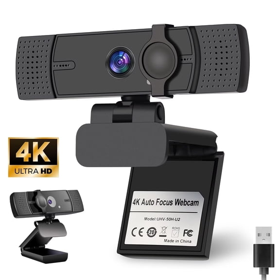 4K Webcam for PC, Webcam with Microphone, 4K UHD Video Calling, Computer Camera with Privacy Cove for Computer/Laptop/Desktop, Dual Noise-Canceling Microphones, Auto Focused