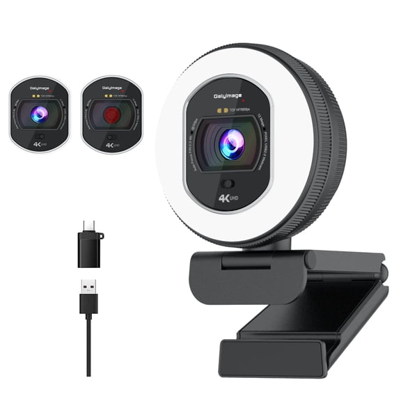 4K Webcam with Ring Light Web Cam 4K Autofocus with TOF Computer Camera 1080P 60FPS Web Camera Built-in Privacy Cover and Microphone Streaming Webcams for Zoom/Skype/Google Meet
