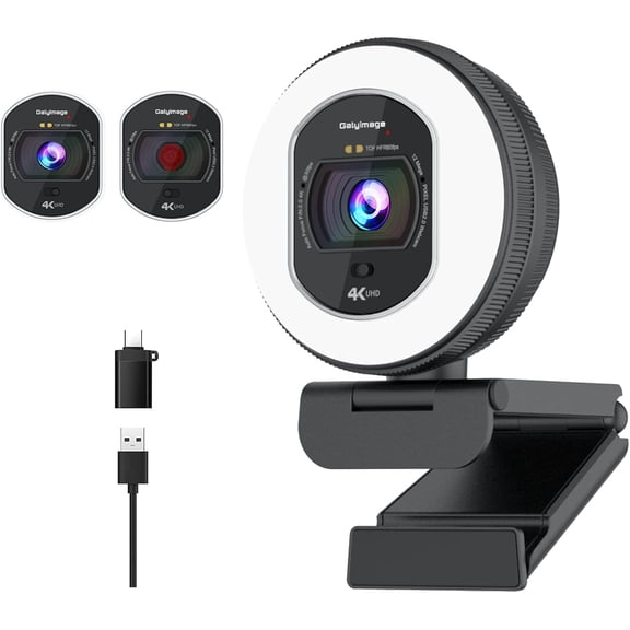 4K Webcam with Ring Light Web Cam 4K Autofocus with TOF Computer Camera 1080P 60FPS Web Camera Built-in Privacy Cover and Microphone Streaming Webcams for Zoom/Skype/Google Meet