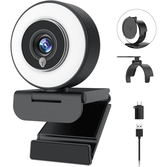 4K Webcam with Ring Light - Web Cam 4K UHD, PDAF Autofocus, 1080P 60FPS, 2 Noise Reduction Mics, USB-A/C, Cover, Web Camera for Desktop PC Laptop , Zoom Teams Twitch