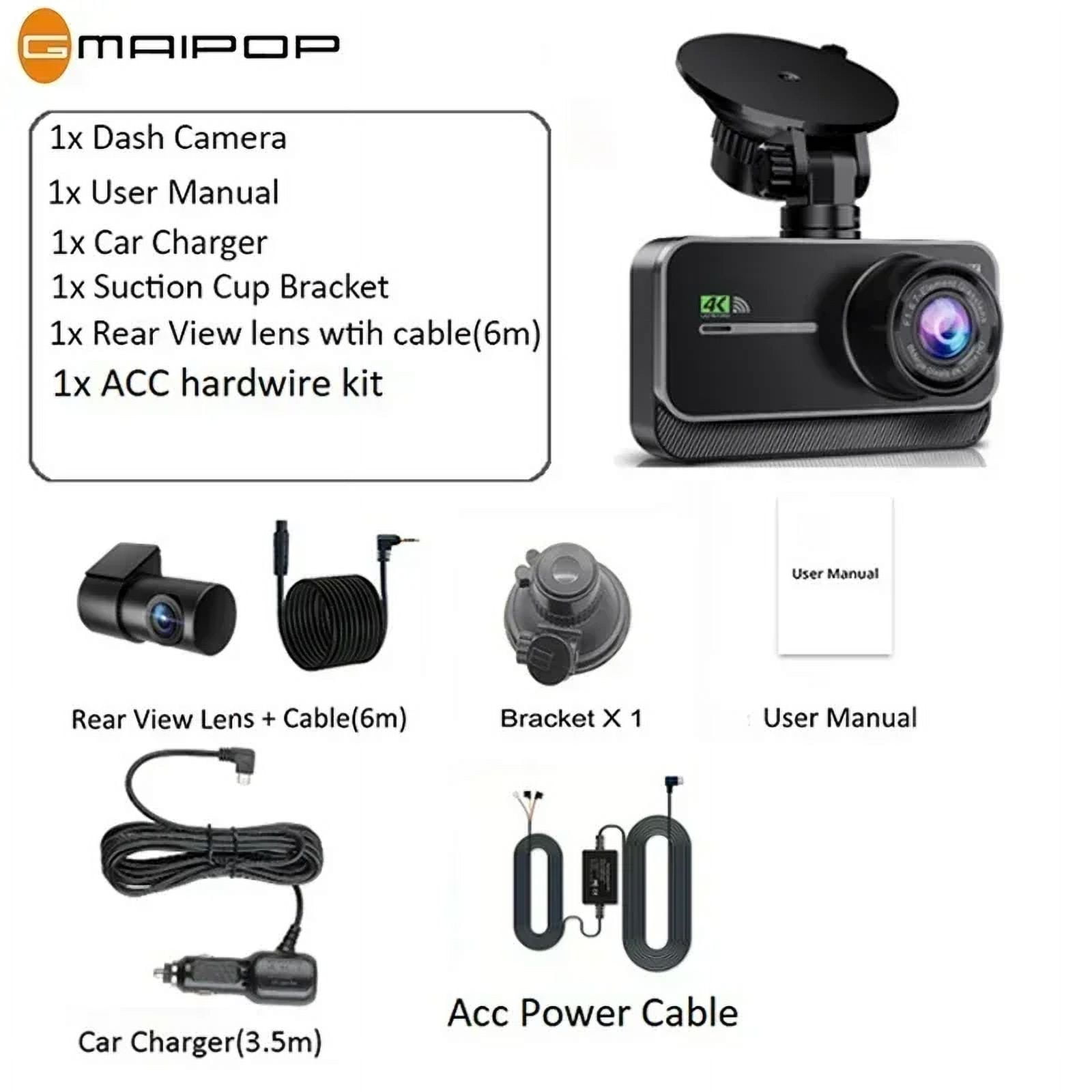 4K WiFi Dual Dash Cam Real 4K Optional rear/ cabin cam Installation 3