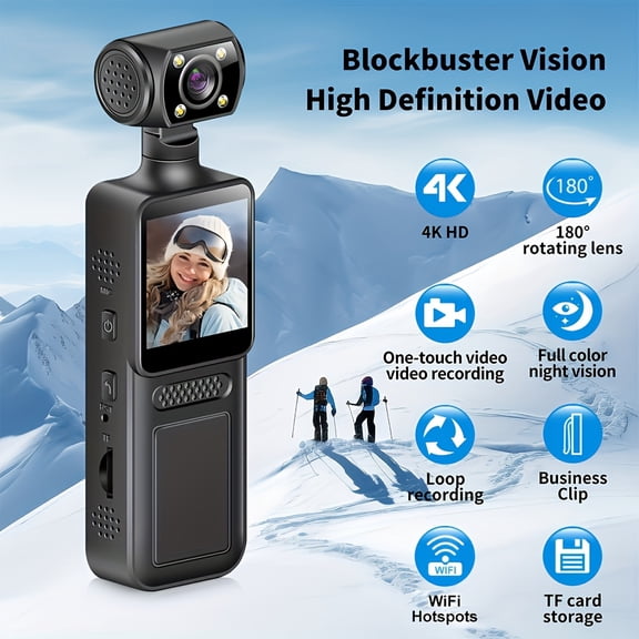 4K WiFi Mini Camera for Vlogging & Sports - 180 Rotatable Wide-Angle Stabilized Camcorder, TF Card Recording, Auto-Exposure, Portable YouTube/TikTok Video Recorder