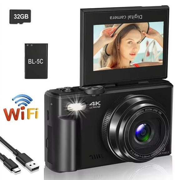 4K compact digital photography camera, 18x digital zoom, vintage vlog video recorder for YouTube, 180° flip screen, WiFi webcam