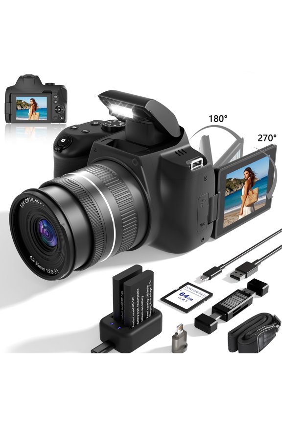4K 72MP Vlogging Camera Flip Screen 12X Zoom WiFi Microphone Dual Batteries 64GB SD Card Travel Photography Camera with External Mic