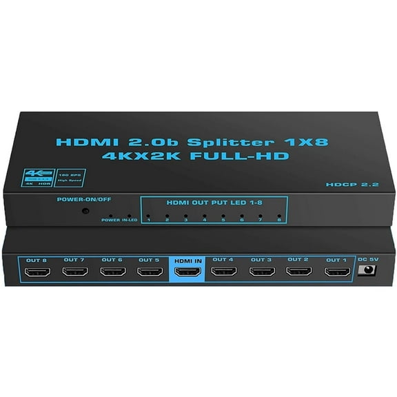 4K60HZ 1x8 HDMI Splitter 8 Port HDMI Switch 1 Port to 8 HDMI Display Duplicate/Mirror Powered Splitter Ver 2.0 Certified for Full HD 3D 1080P High Resolution 3D Support 4:4:4,Copy EDID,HDR 10