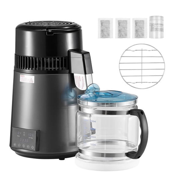4L 1.1 Gallon Tabletop Water Distillation Machine, 750W Water Purifier with Glass Pot & Stainless Steel Inner Chamber for Home Clean Drinking Water, Grey