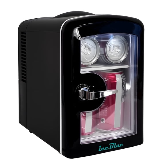 IceBlue 4L/6 Cans Mini Fridge with Viewing Window Personal Skincare Beauty Makeup Fridge for Car Room Office, 12V DC/AC Option, Black