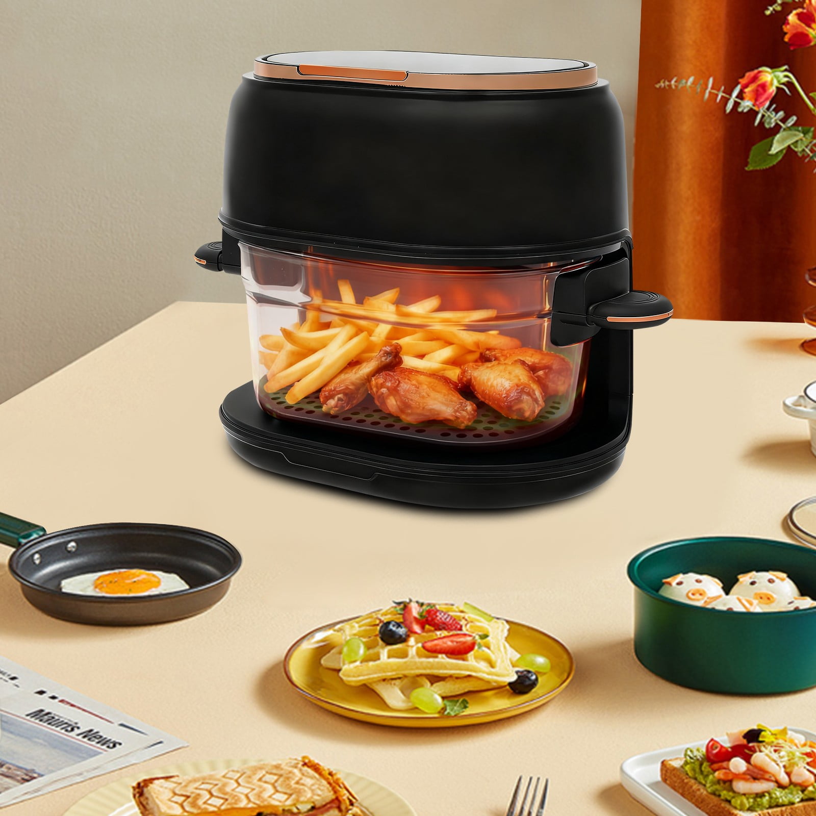 4L  Hot Air Fryer with LED Touch Screen, Visible Baking Basket Air Fryer, 140-374℉ Temp Controls, for Family & Apartment (Black)