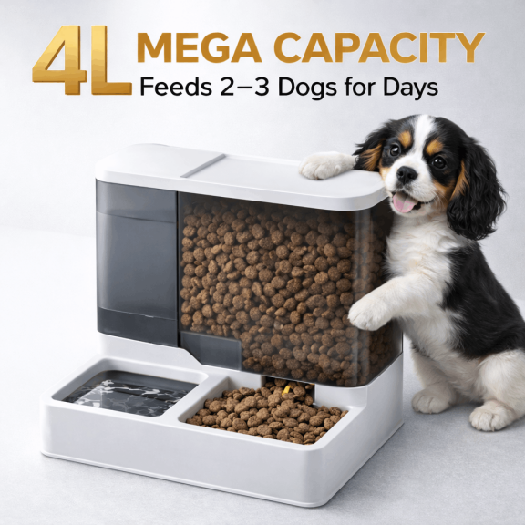 4L Mega Capacity Dog Automatic Feeder & Waterer Set, Visible Storage Bin, Dual Bowl Gravity Feeding Station For 23 Dogs