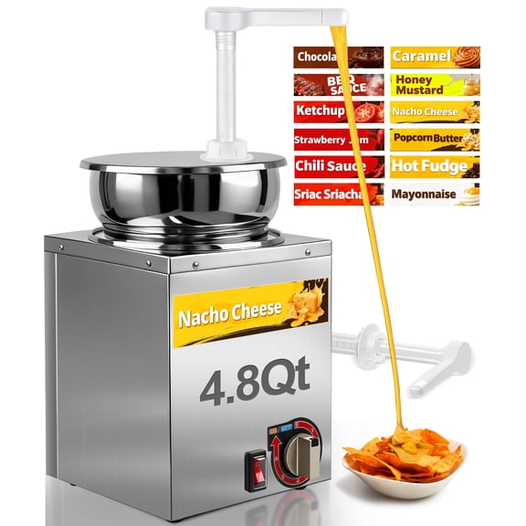 4L Nacho Cheese Dispenser with 2 Plastic Pumps, 304 Stainless Steel, 600W, 6-Speed Temp Control, 12 Sauce Stickers, for Commercial Use.
