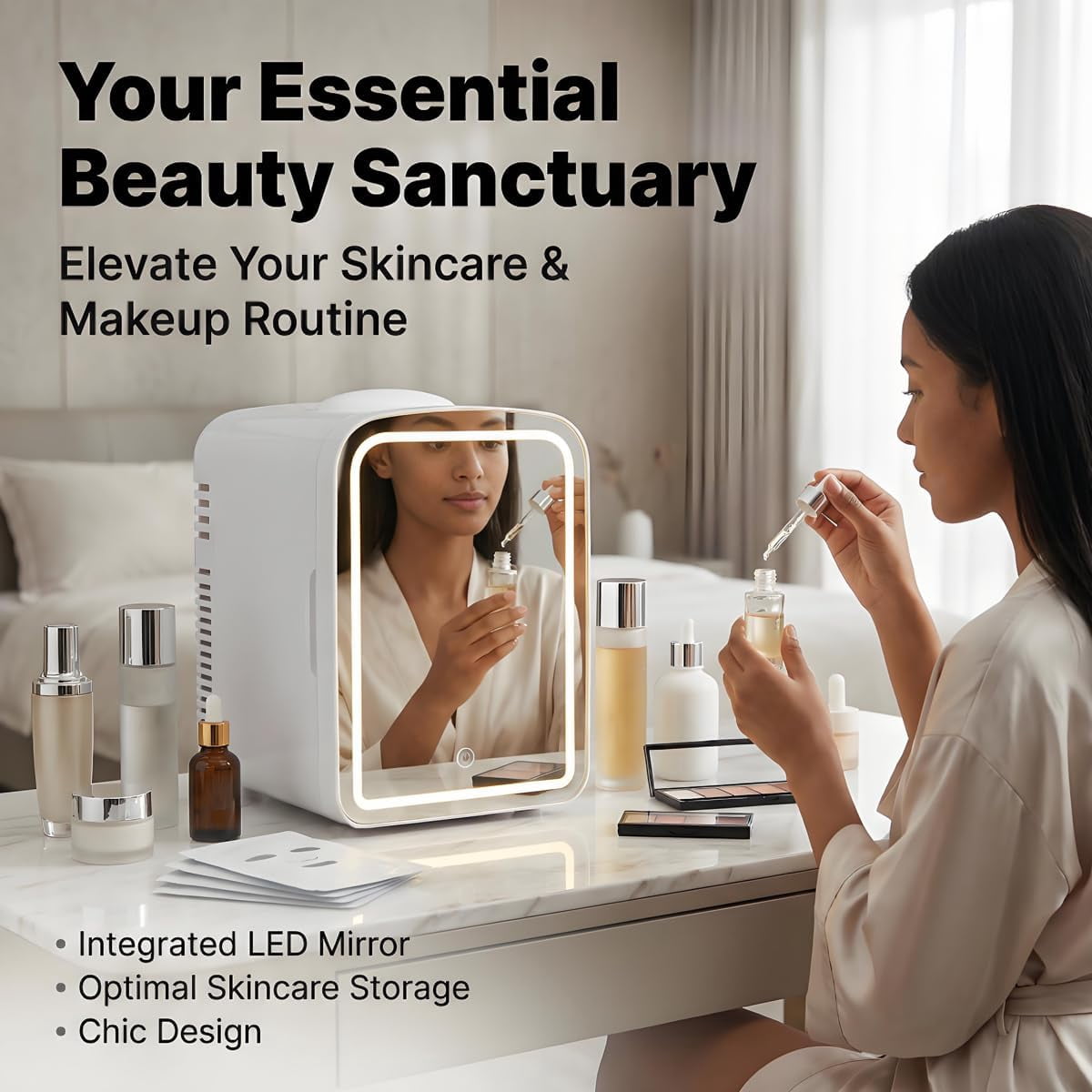 4L  Skincare Fridge with Dimmable LED Mirror, Portable Beauty Refrigerator for Makeup, Cosmetic, Personal Small Refrigerator with Cooler and Warmer for Bedroom, Office and Car (White-4L)